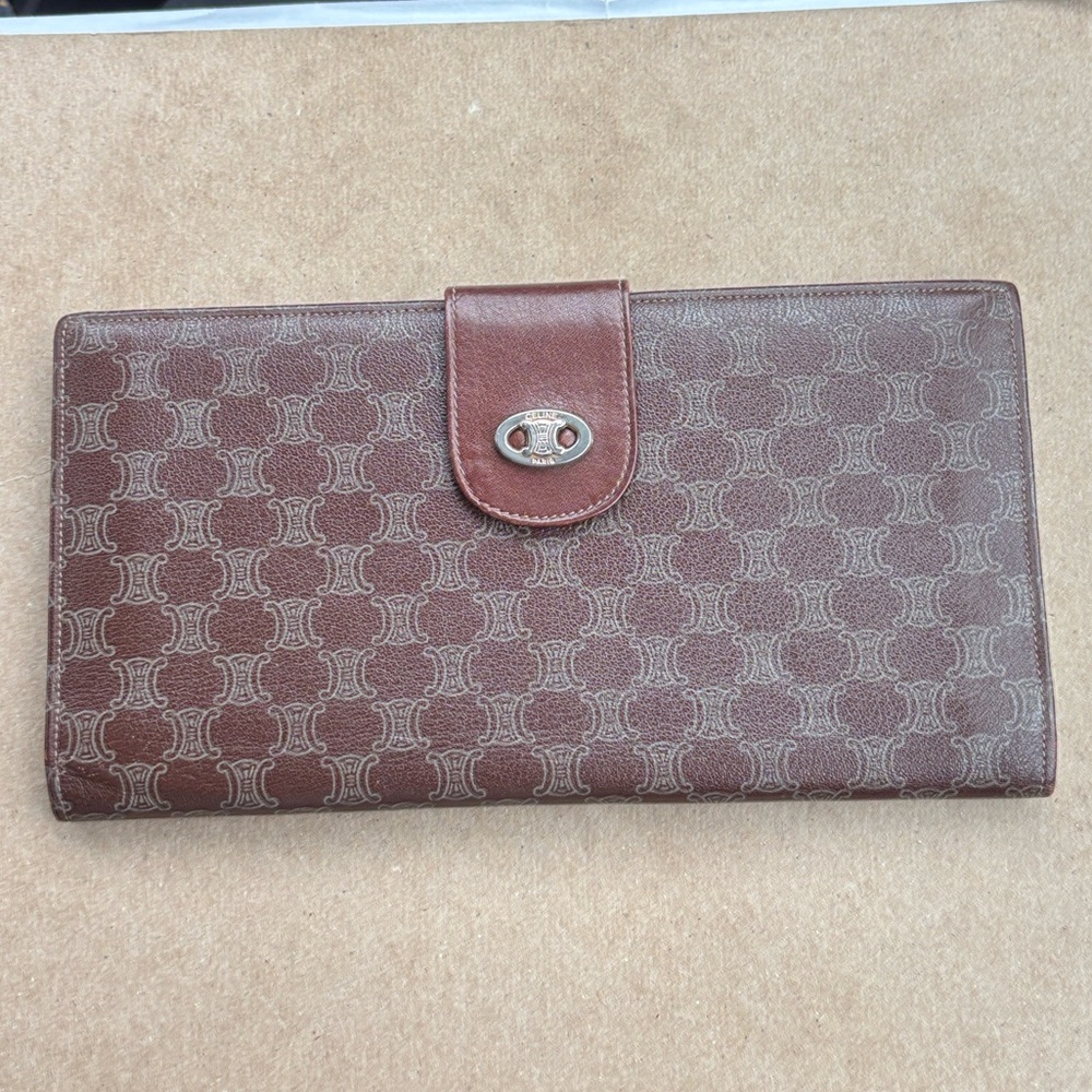 Vintage Celine Macadam Monogram Wallet Brown Leather Snap long Wallet